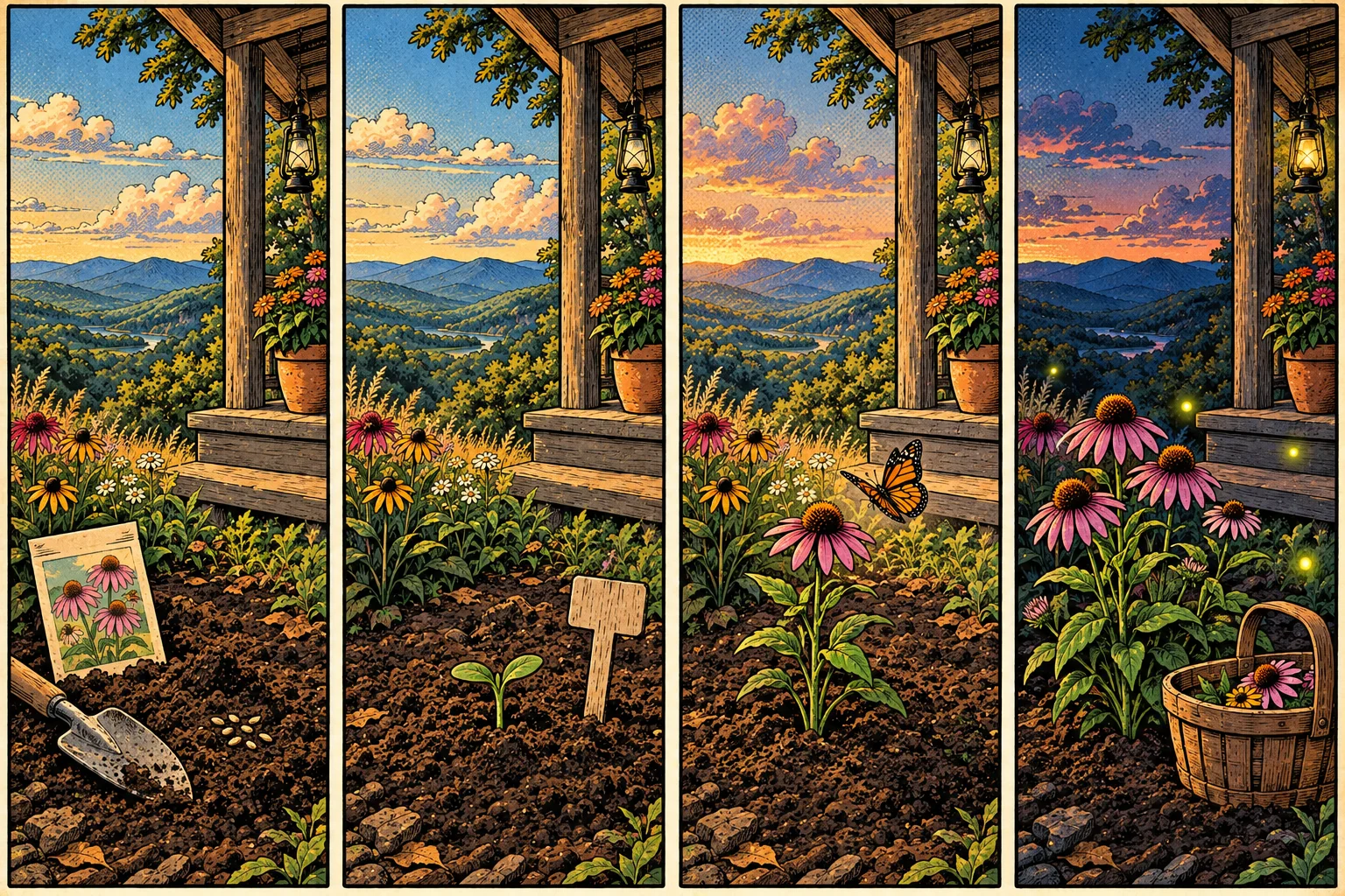 Four tall comic panels of the same patch of garden by the porch steps: seeds and a trowel, a small sprout, a young plant with its first flower and a butterfly, and at dusk a full plant with a harvest basket and fireflies.